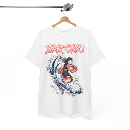 A Makomo anime t-shirt elegantly displayed on a hanger, emphasising the captivating water motif and stylish design, perfect for showcasing one's passion for anime with flair.