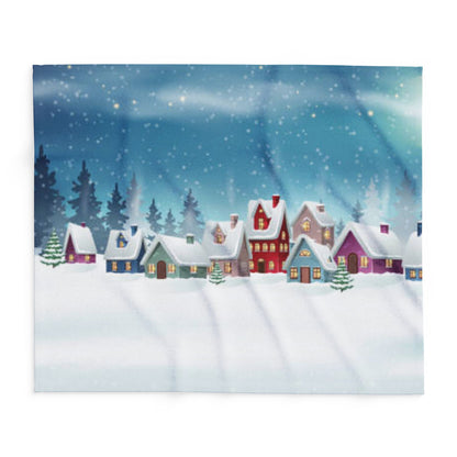 Intricate design of the Decorative and Warm Christmas Arctic Fleece Blanket featuring a picturesque snowy village, ideal for holiday gatherings.