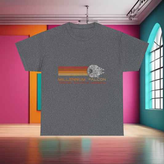 Millennium Falcon Abstract Art Graphic T-Shirt in grey, showcasing an artistic depiction of the iconic starship and ‘Kessel Run in 12 Parsecs’, ideal for contemporary fashion lovers.