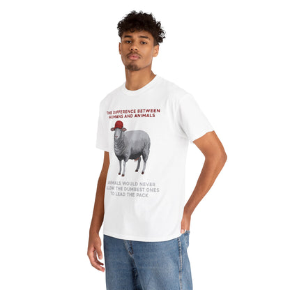 Stylish male model wearing a luxurious white T-shirt with a humorous political satire design, showcasing a cartoon sheep and thought-provoking text.
