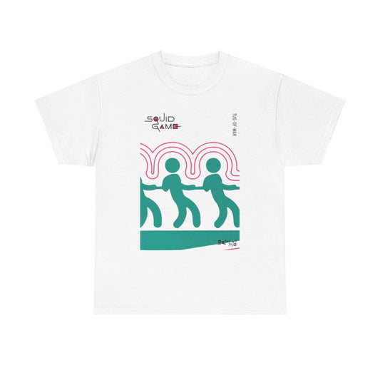 Sophisticated unisex t-shirt showcasing an artistic Squid Game Tug-of-War illustration, crafted from premium cotton, ideal for statement-making fashion.