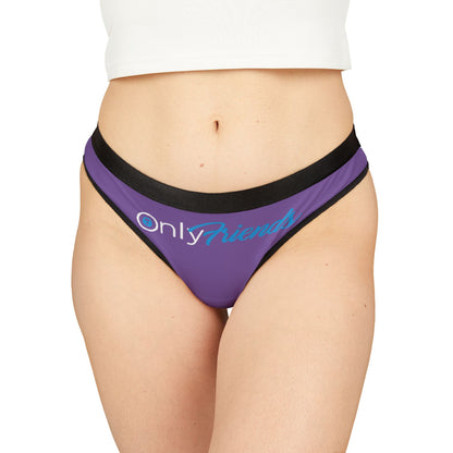 Sophisticated model wearing purple 'OnlyFriends' thong panties, highlighting a blend of comfort and flirty design, ideal for celebrating friendships.
