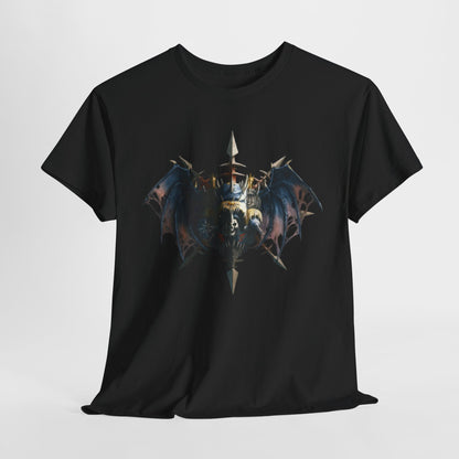 Luxurious unisex black graphic t-shirt featuring an intricate, fantasy-inspired emblem with bat-like wings and a bold central design, embodying strength and uniqueness. Perfect for stylish individuals who appreciate artistic storytelling.