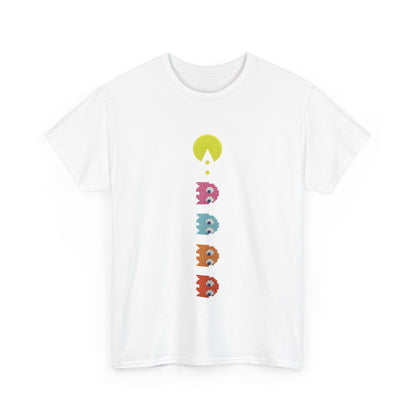 Chic front view of the Unisex Pixel-Perfect Pac-Man Graphic Tee in white, featuring a delightful array of Pac-Man and ghosts, ideal for gamers and fashion enthusiasts.