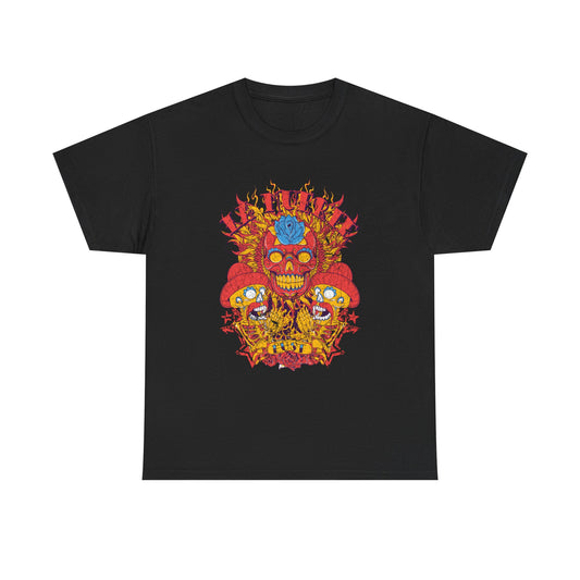 Luxurious black men's t-shirt featuring a vibrant sugar skull design, adorned with intricate floral details and fiery patterns, celebrating the Day of the Dead.