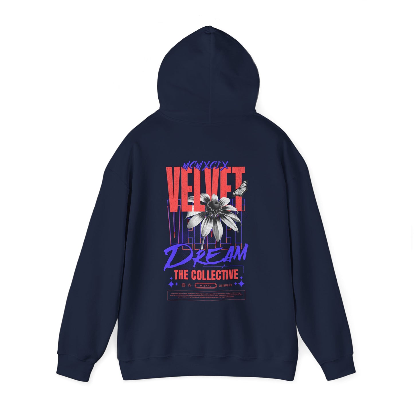 Chic navy hoodie displaying striking VELVET DREAM typography and dynamic artwork, perfect for stylish casual wear.