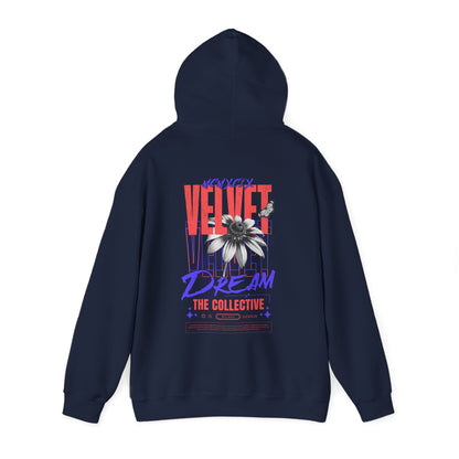 Chic navy hoodie displaying striking VELVET DREAM typography and dynamic artwork, perfect for stylish casual wear.