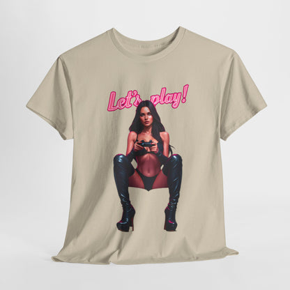 A luxurious unisex graphic t-shirt featuring a captivating design with the phrase 'Let's play!' in bold pink letters. The image showcases a confident female character with a gaming controller, exuding elegance and playfulness, perfect for the stylish gamer.