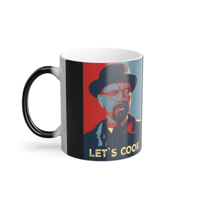 Breaking Bad Heisenberg Color Morphing Mug - 11oz Heat Revealing Coffee Cup, presented with a captivating front view featuring Heisenberg and the phrase 'Let's Cook', perfect for a sophisticated tea or coffee moment.