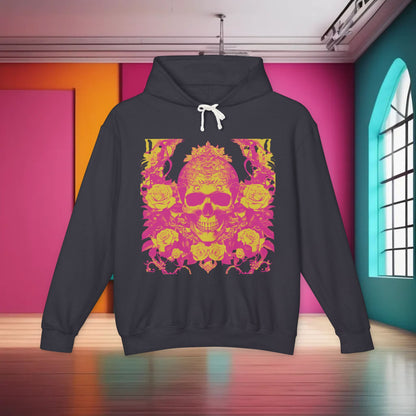 Unisex Lightweight Hooded Sweatshirt displaying a unique skull and roses design, ideal for adding a touch of rebellious elegance to your wardrobe.