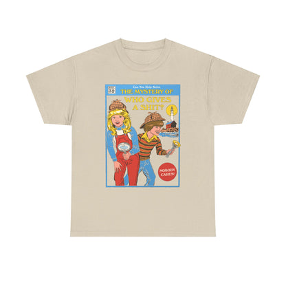 Elegant cotton t-shirt illustrating the playful theme of 'The Mystery of Who Gives a Shit?' with charming child characters, ideal for casual luxury wear.