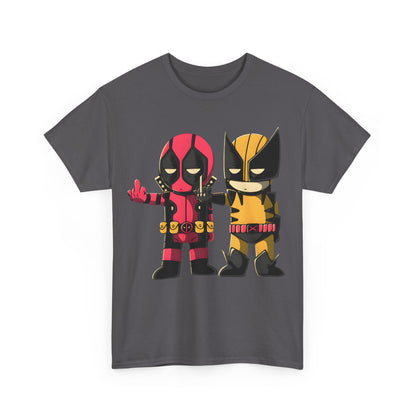 Front view of the Deadpool and Wolverine Humorous Graphic Unisex Tee Shirt, featuring charming chibi-style characters of Deadpool and Wolverine, blending artistry and playfulness.