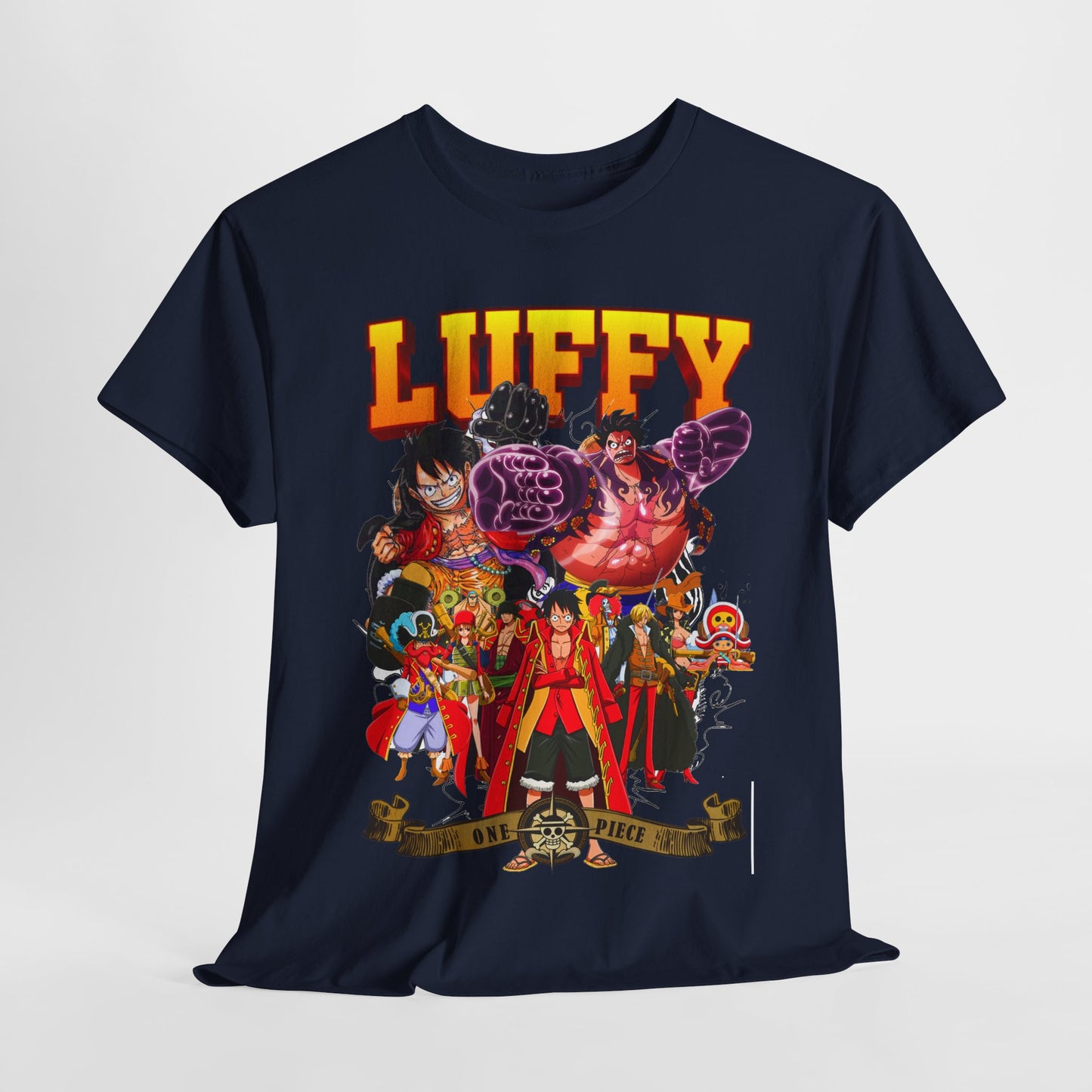 Sophisticated navy blue graphic tee showcasing an intricate design of Luffy surrounded by beloved One Piece characters, perfect for collectors and enthusiasts.