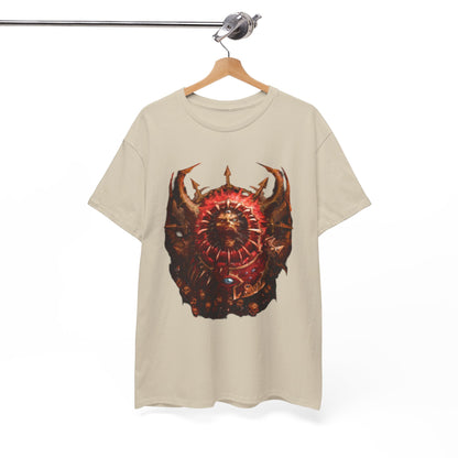 Luxurious graphic cotton t-shirt featuring a striking Warhammer-inspired design, showcasing a detailed shield with crimson hues and ornate elements.