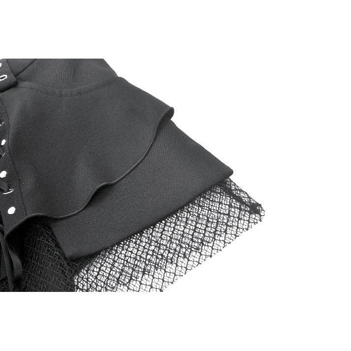 Close-up of Dark In Love Lace-Up Layered Goth Shorts in Black featuring intricate faux fishnet detailing and edgy buckle fastenings.