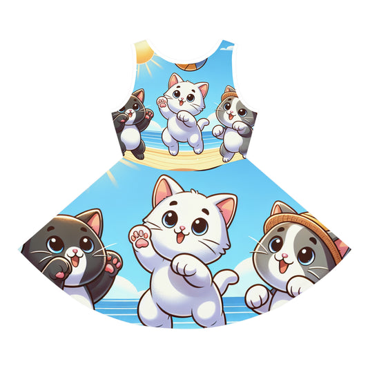 Lily Kensington Girls Sundress highlighting colourful cartoon kittens engaging in fun activities, ideal for a stylish summer beach look.