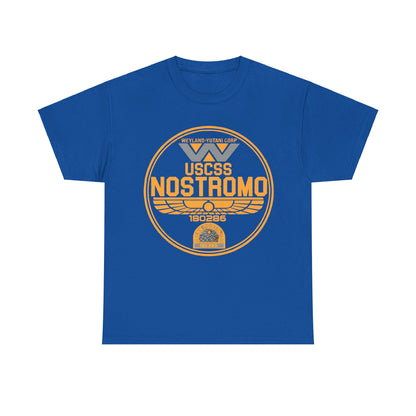 USCSS Nostromo Graphic Unisex Tee Shirt in vibrant blue, decorated with the Nostromo logo, perfect for enthusiasts of cinematic history.