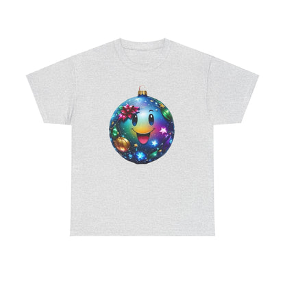 Festive Cheer Christmas Bauble Unisex Cotton T-Shirt Graphic Tee displaying a cheerful blue Christmas ornament adorned with a smile, encapsulating the essence of holiday joy and spirit.