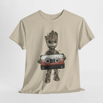Stylish Baby Groot Awesome Mixtape Unisex Men’s Women’s Graphic T Shirt Tee in a relaxed fit, featuring Baby Groot joyfully holding a cassette tape, ideal for everyday wear.