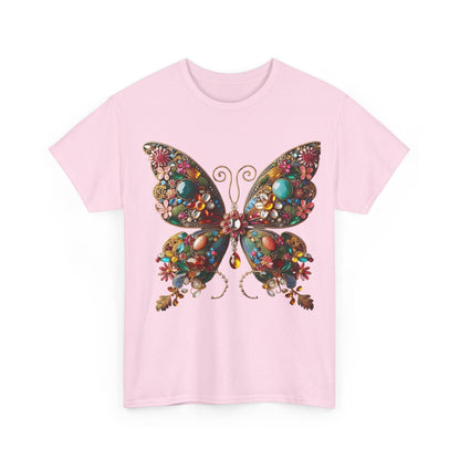 Enchanting Butterfly Brooch Graphic Tee in soft pink featuring a stunning butterfly design adorned with colourful gemstones, ideal for adding a touch of elegance to any outfit.