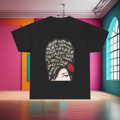 Amy Rehab Lyrics Graphic Tee - Luxurious Unisex Cotton T-Shirt presented in classic black, displaying a creative depiction of iconic song lyrics.