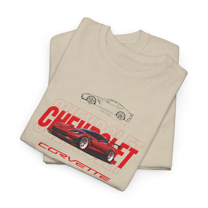 Stylish stacked beige t-shirts displaying a sophisticated Chevrolet Corvette C6 design, ideal for car aficionados.