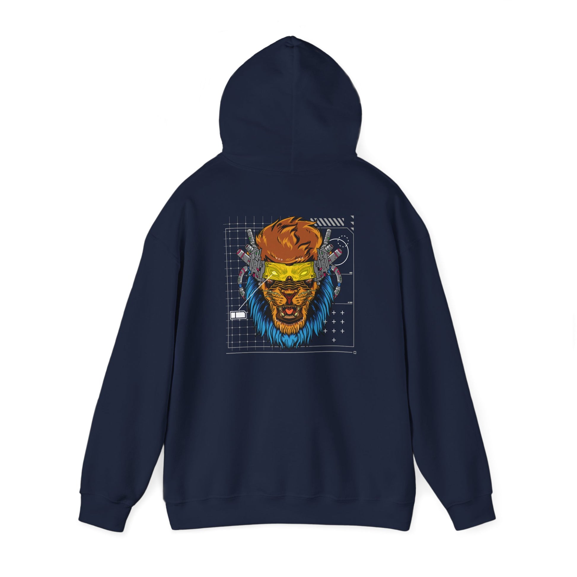 Sophisticated navy hoodie featuring an eye-catching back print of a fierce lion with cyber elements, ideal for a modern and stylish statement.