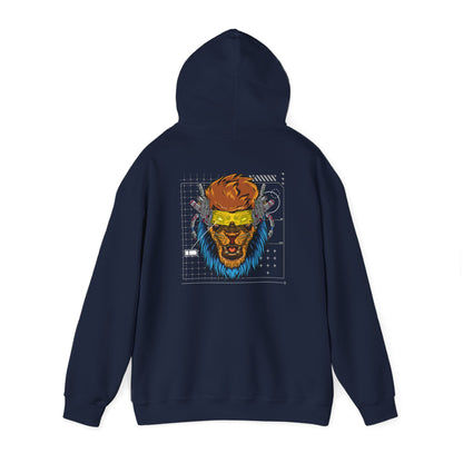 Sophisticated navy hoodie featuring an eye-catching back print of a fierce lion with cyber elements, ideal for a modern and stylish statement.