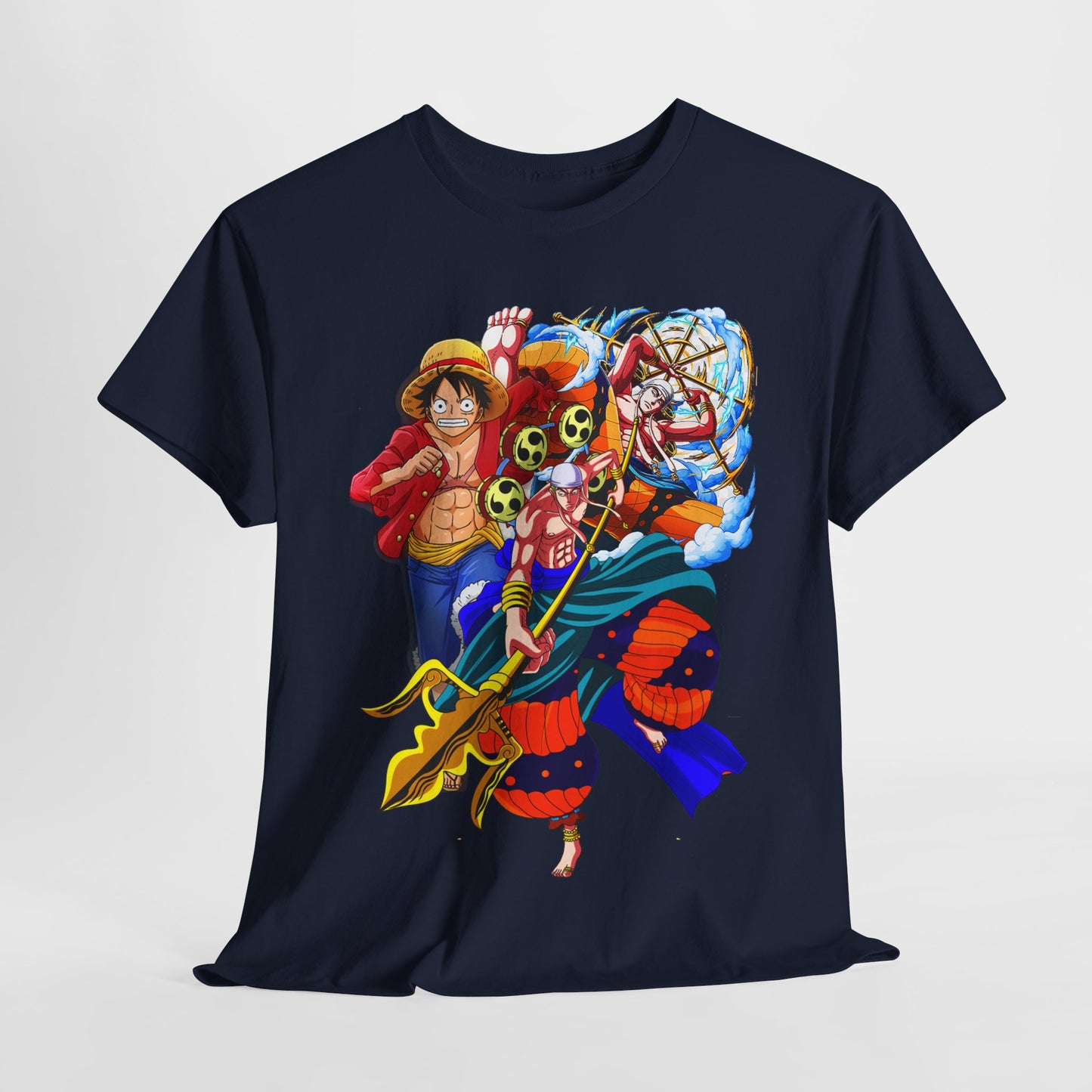 Luxury men's navy t-shirt featuring captivating anime artwork, showcasing bold characters from an adventure series, ideal for trendsetting fans.