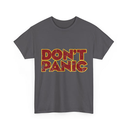 Elegant Don't Panic Hitch Hikers Guide Graphic T-Shirt in dark grey, featuring a stylish vintage graphic inspired by sci-fi literature.