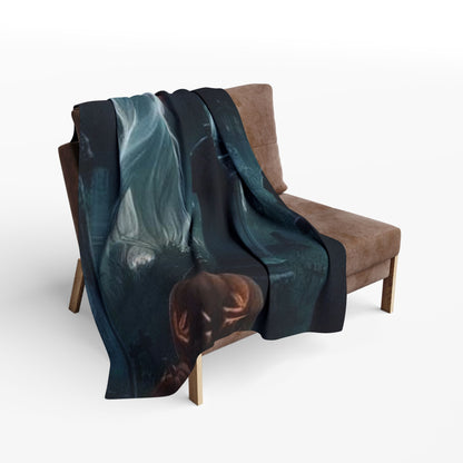 Decorative and Warm Halloween Spooky Arctic Fleece Blanket draped over a stylish chair, illustrating its versatility and festive charm for Halloween.
