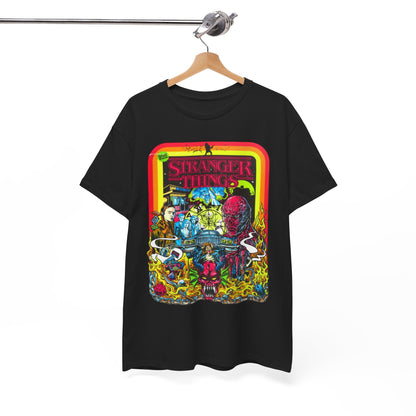 Sophisticated display of 'Stranger Things' graphic t-shirt elegantly hanging, highlighting the intricate artwork and vivid colours of the series.