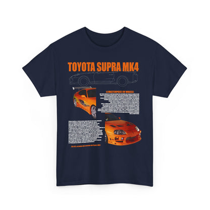Front view of a premium navy t-shirt featuring striking Toyota Supra MK4 graphic design, celebrating automotive heritage.