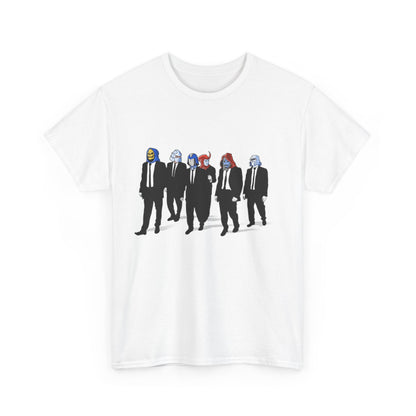 Resevoir Foes Unisex Mens Women´s Graphic Funny T Shirt Tee featuring a striking design of six masked figures in black suits, embodying urban street fashion and creative imagination. Perfect for those who embrace uniqueness and a bold statement in their attire.