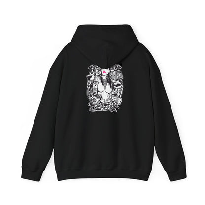 Sophisticated black hoodie featuring a striking tattoo-themed graphic, embodying modern luxury and individuality.
