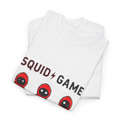 Squid Game Unisex Men´s Women´s Graphic Cotton Funny T Shirt Tee displayed folded, showcasing a playful design with iconic red hooded figures and stylish lettering.