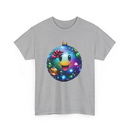 Front view of the grey Festive Cheer Christmas Bauble Unisex Cotton T-Shirt Graphic Tee, displaying a joyful blue ornament design with colourful accents.