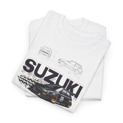 Premium white Suzuki Forza men's t-shirt elegantly folded, featuring a bold graphic of a Suzuki car and detailed technical sketches, embodying automotive enthusiasm.