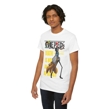An elegant model presenting a white graphic t-shirt from One Piece, displaying a detailed design of a character, alongside striking text, an ideal choice for fashion-forward anime enthusiasts.