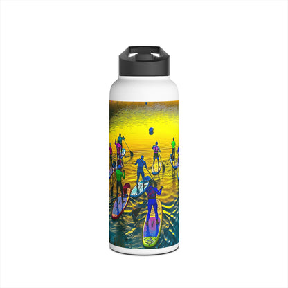 Stylish Fantasy Paddleboarding Stainless Steel Water Bottle displaying a dynamic scene of paddleboarders in bright hues amidst shimmering water, a sophisticated companion for outdoor activities.