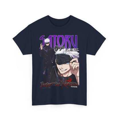 Luxury navy Jujutsu Kaisen T-shirt adorned with captivating artwork of Gojo Satoru, ideal for fans who appreciate quality and style.
