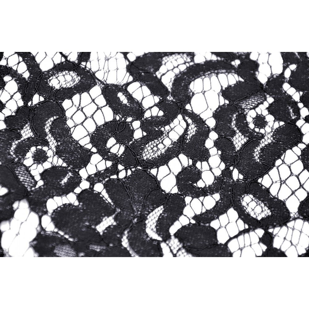 Back view of Dark In Love midi skirt with corset lacing details, revealing elegant lace applique design.