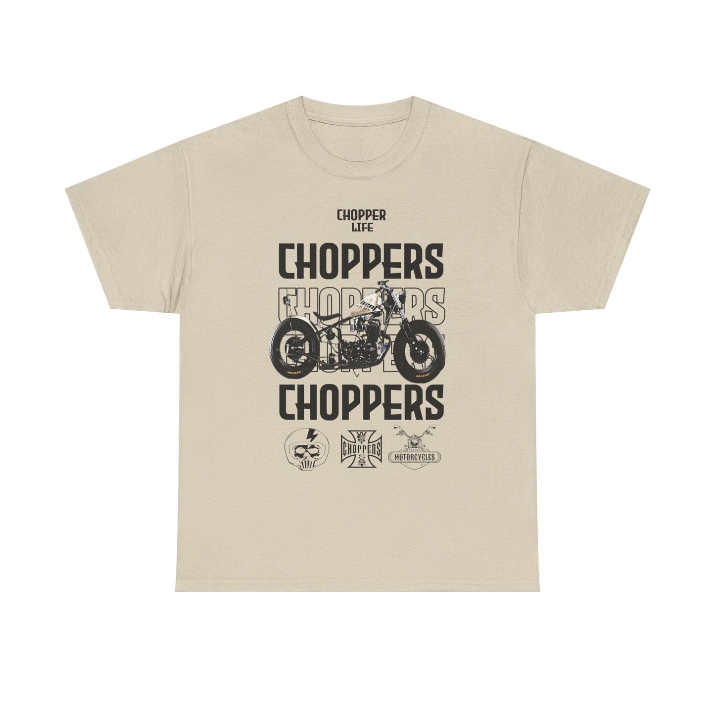 Sophisticated beige men's t-shirt showcasing the 'CHOPPER LIFE' slogan along with a vintage chopper graphic, catering to the motorcycle culture.