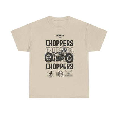 Sophisticated beige men's t-shirt showcasing the 'CHOPPER LIFE' slogan along with a vintage chopper graphic, catering to the motorcycle culture.