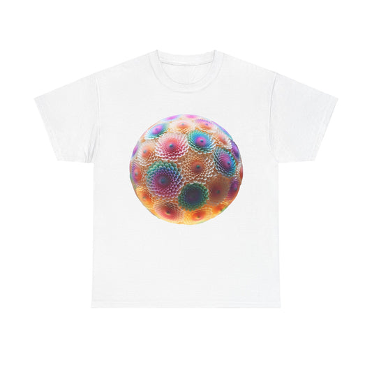 Iridescent Floral Sphere Unisex Cotton Tee Graphic T Shirt showcasing a vibrant floral sphere print on a pristine white fabric, ideal for a stylish and luxurious look.