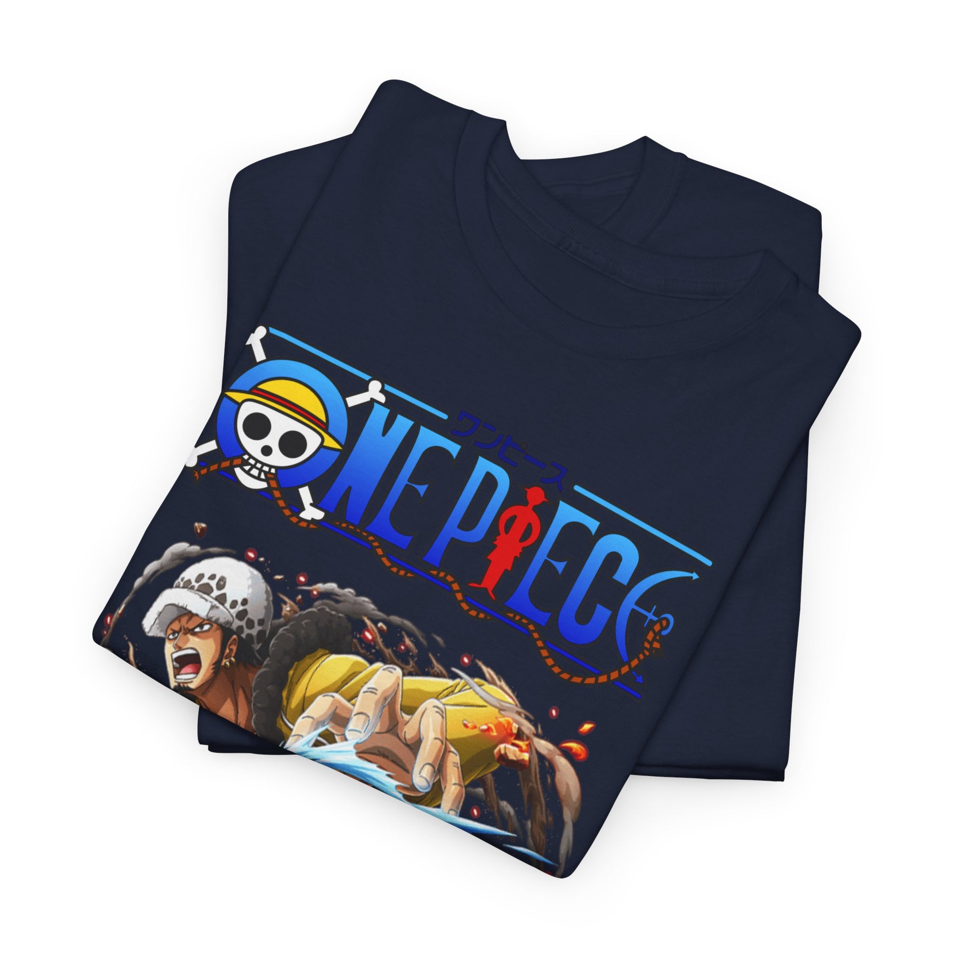 Luxurious rolled men's t-shirts, elegantly displayed, showcasing the captivating Trafalgar Law design for discerning anime fans.