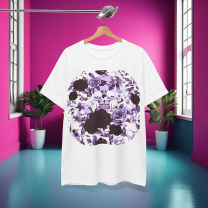 Skulls and Roses Cotton Tee, presented elegantly in a vibrant room setting, displaying the striking skull and rose graphic, representing bold alternative fashion.