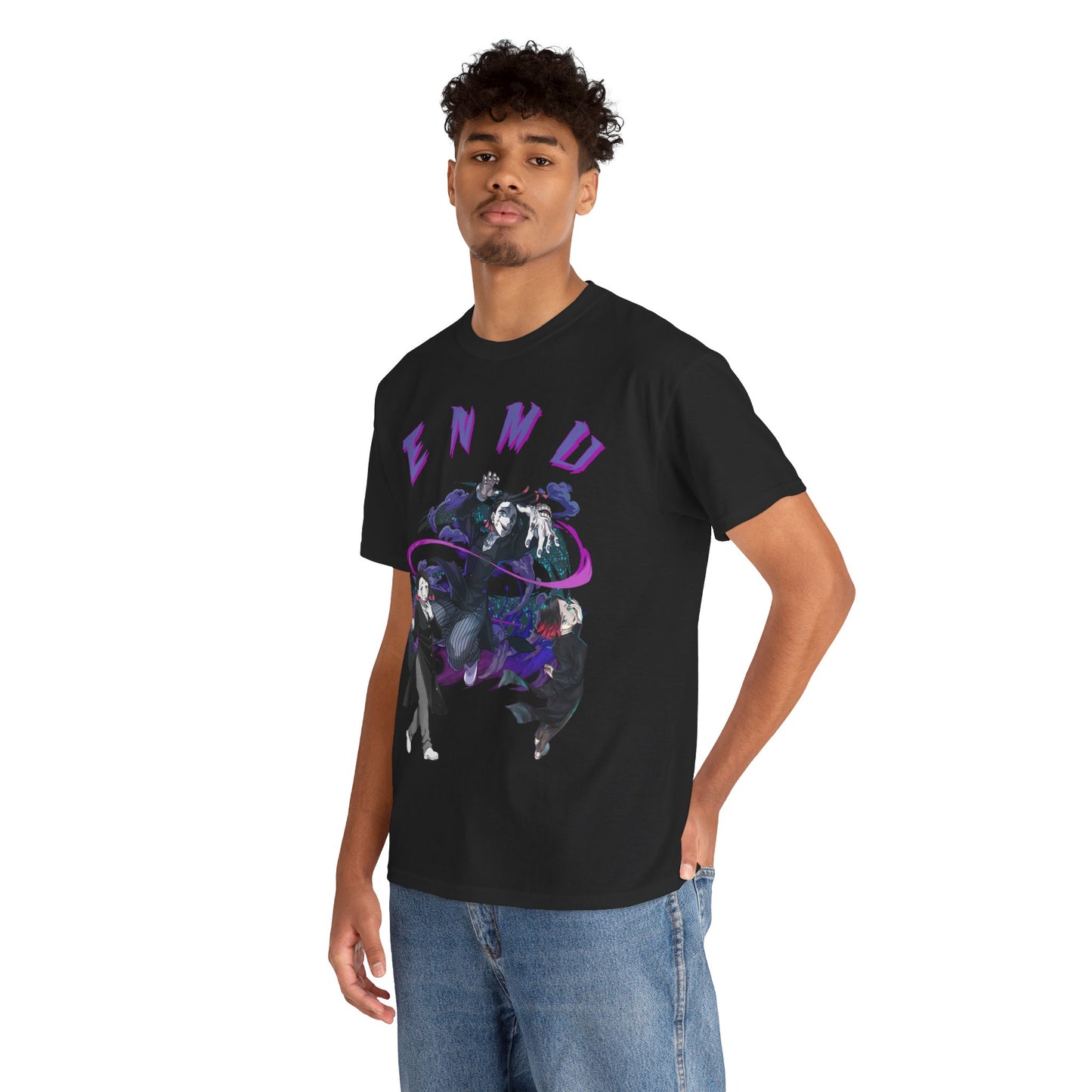 Sophisticated male model elegantly wearing an Enmu-Inspired Demon Slayer T-shirt, showcasing the intricate graphic design and luxurious fit in a casual setting.