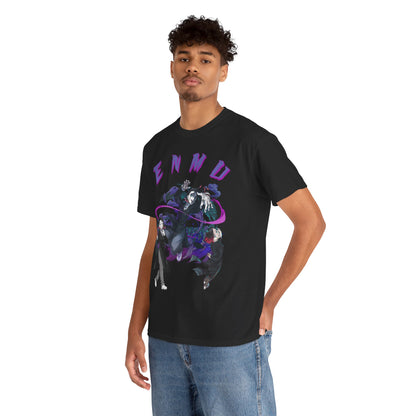 Sophisticated male model elegantly wearing an Enmu-Inspired Demon Slayer T-shirt, showcasing the intricate graphic design and luxurious fit in a casual setting.