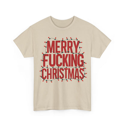 Merry Christmas Graphic T-Shirt Urban Unisex Cotton Tee in beige featuring striking red letters 'MERRY FUCKING CHRISTMAS' surrounded by decorative Christmas lights.